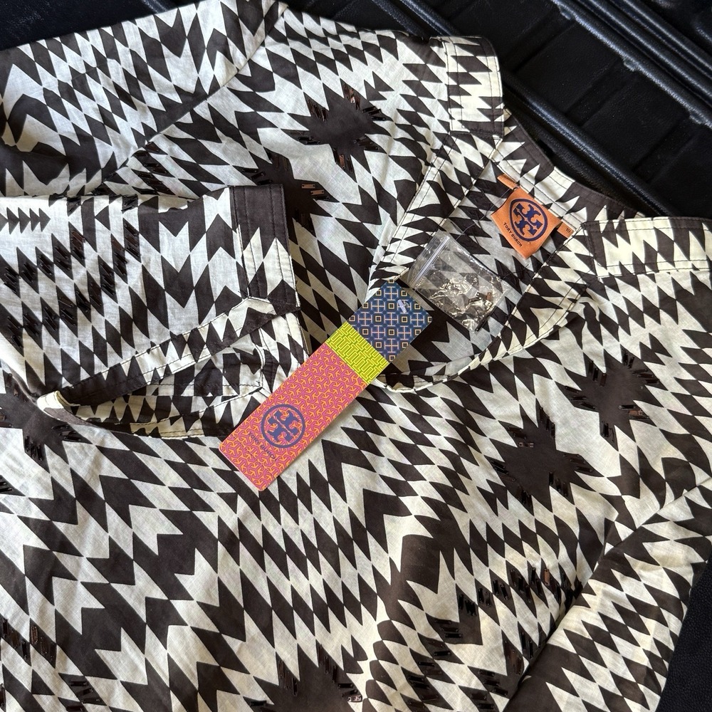 Tory Burch Printed V-Neck Embellished Tunic Blouse Brown & Neutrals Size 10